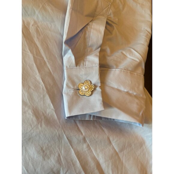 English Factory Blue Button Up Shirt Pearl-Accented Floral Buttons Long Sleeve - Picture 3 of 6